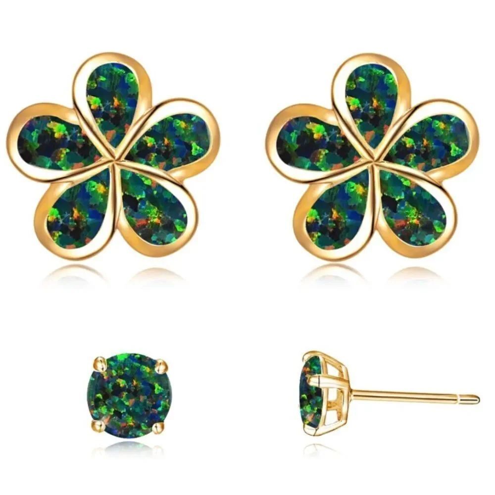 14K Yellow Gold with Genuine Green Black Fire Opal Flower Stud Earrings Set of 2